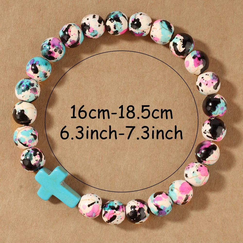 Trendy Jesus Cross Beaded Bracelet Colorful Printing Stone Bangles for Women Meditation Jewelry Baptism Faith Gift God Bless You