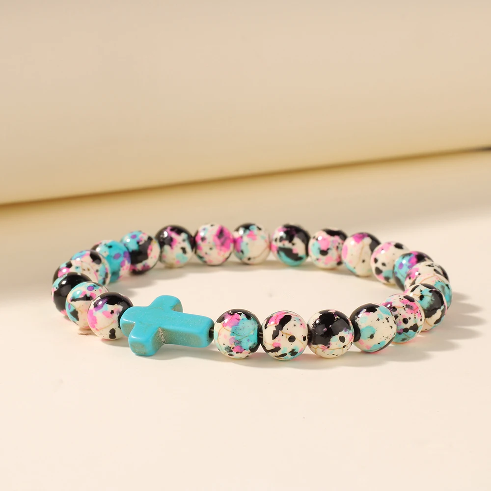 Trendy Jesus Cross Beaded Bracelet Colorful Printing Stone Bangles for Women Meditation Jewelry Baptism Faith Gift God Bless You