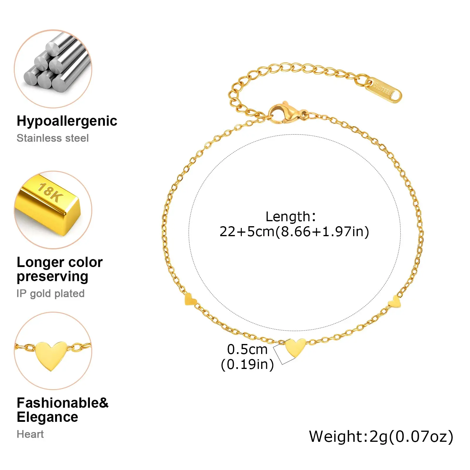 Stainless Steel Heart Anklets for Women, Gold Plated Delicate Anklet Bracelet, Light Luxury Foot Jewelry Party Gifts for Girl