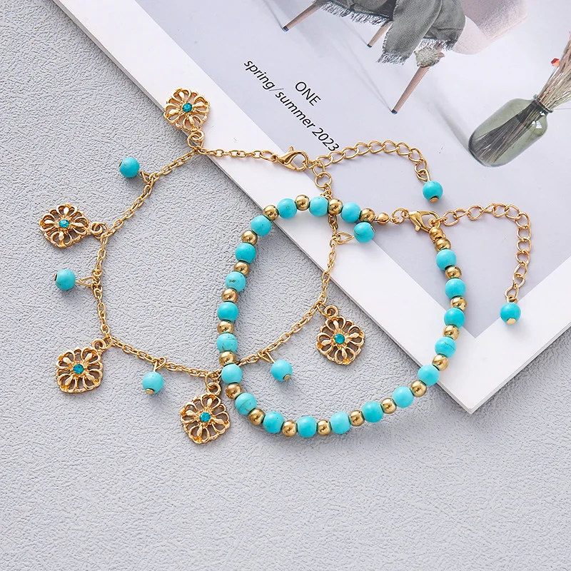 Bohemian style beaded anklet, barefoot sandal, starfish and seashell beaded chain, adjustable chain anklet, multi-layered anklet