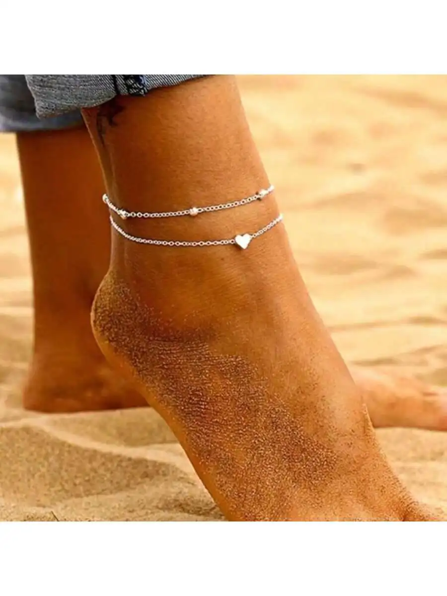 Silver Multi-Layered Anklet Set Bohemian StackedOval Satellite Beads Heart Shape Anklet Fashion Beach Surfer Jewelry Accessories