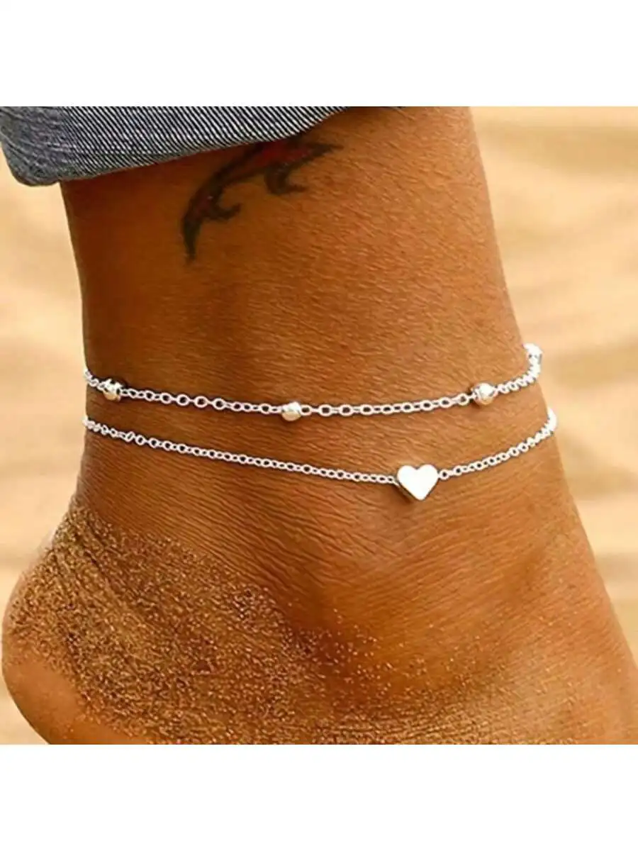 Silver Multi-Layered Anklet Set Bohemian StackedOval Satellite Beads Heart Shape Anklet Fashion Beach Surfer Jewelry Accessories