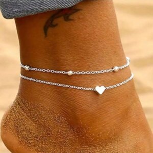 Silver Multi-Layered Anklet Set Bohemian StackedOval Satellite Beads Heart Shape Anklet Fashion Beach Surfer Jewelry Accessories