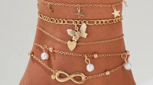 5 Pcs Exquisite Metal Butterfly Star Heart Pendant Anklets Set Bohemia Vintage Pearl Pendant Foot Bracelet Beach Woman Jewelry