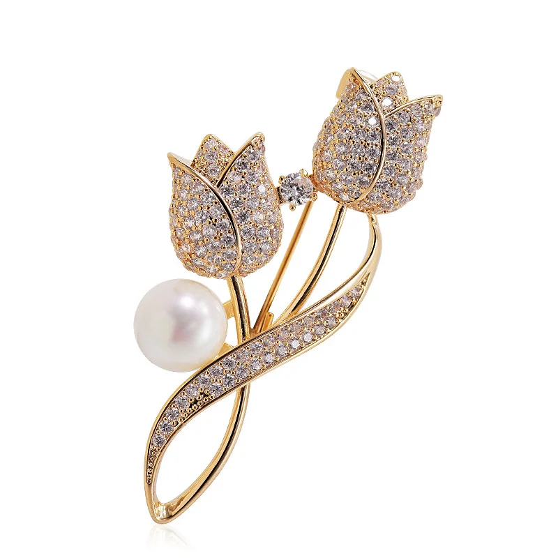 Advanced Luxury 2023 New Tulip Flower brooch Elegant Design Sense Rose White Stone Jewelry
