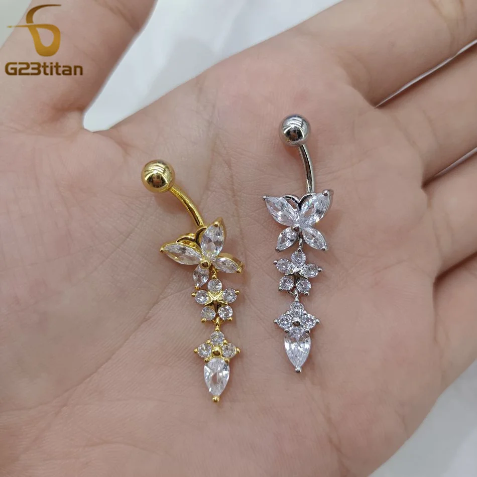 G23titan CZ Zircon Butterfly Dangle Belly Button Ring 14G Titanium Barbell Navel Bar Body Piercing Jewelry Women Sex Accessories