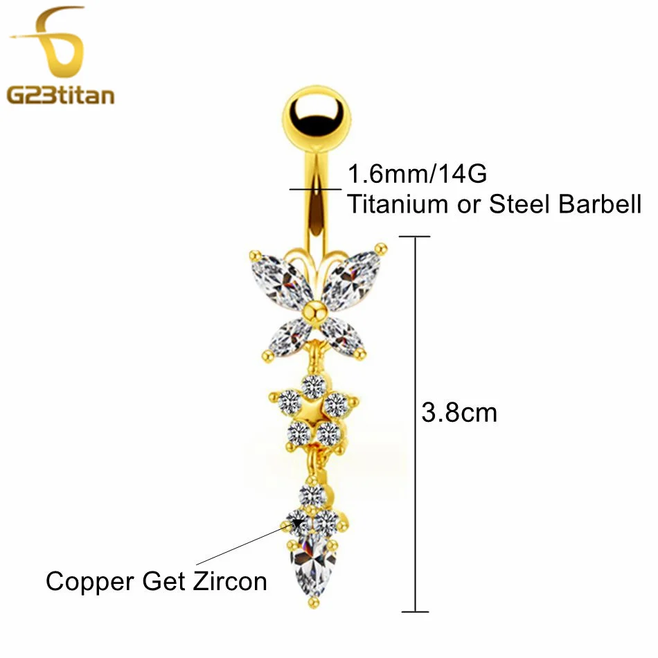 G23titan CZ Zircon Butterfly Dangle Belly Button Ring 14G Titanium Barbell Navel Bar Body Piercing Jewelry Women Sex Accessories