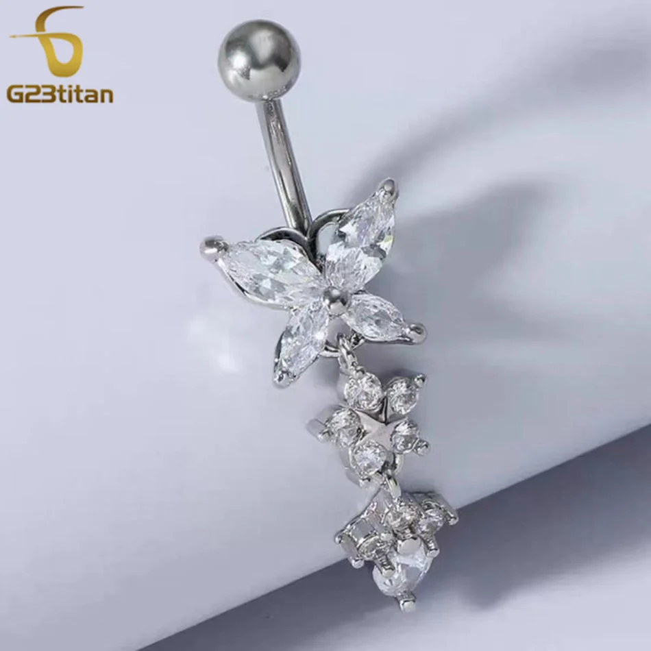 G23titan CZ Zircon Butterfly Dangle Belly Button Ring 14G Titanium Barbell Navel Bar Body Piercing Jewelry Women Sex Accessories