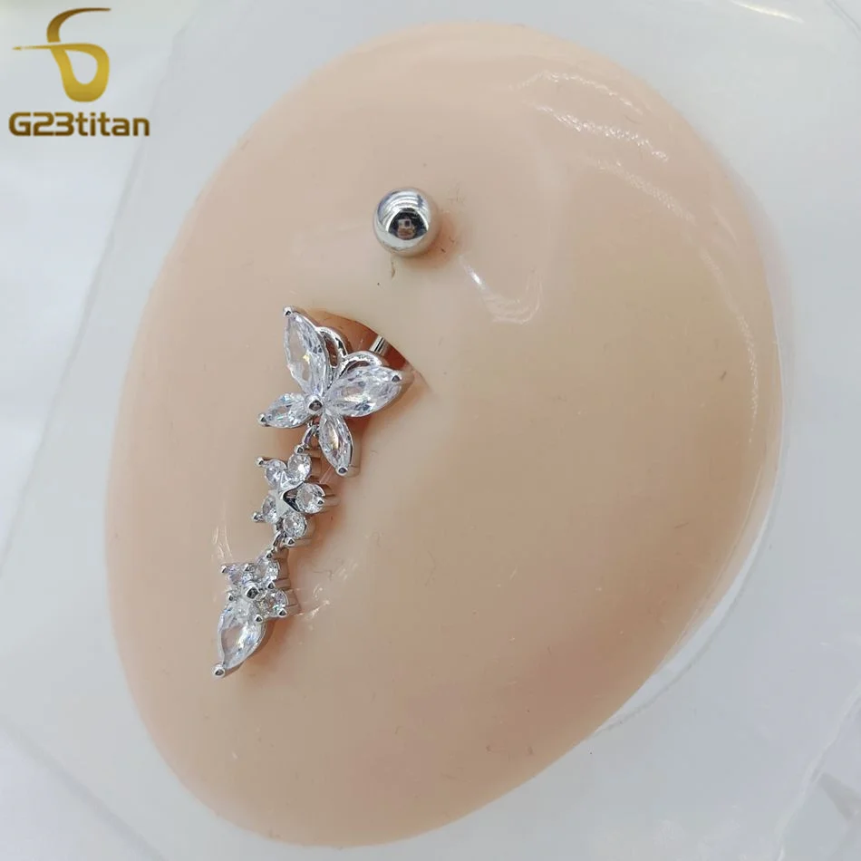 G23titan CZ Zircon Butterfly Dangle Belly Button Ring 14G Titanium Barbell Navel Bar Body Piercing Jewelry Women Sex Accessories