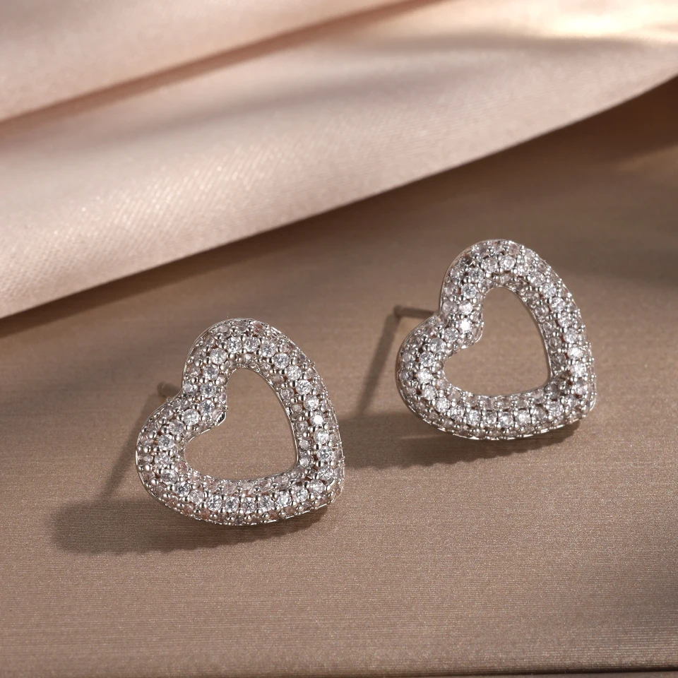 ZAKOL Loving Heart Zirconia Stud Earrings For Women Girls Silver Color Metal Crystal Ears Accessories Wedding Jewelry Gifts