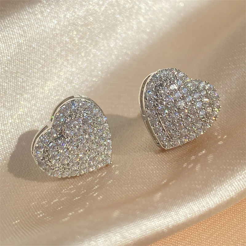 ZAKOL Loving Heart Zirconia Stud Earrings For Women Girls Silver Color Metal Crystal Ears Accessories Wedding Jewelry Gifts
