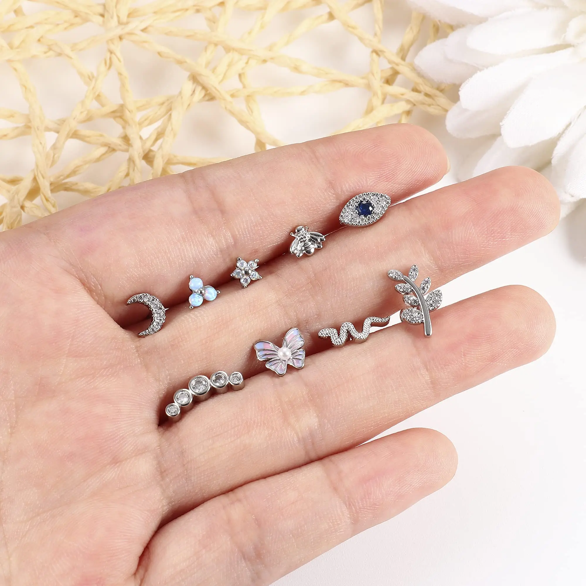 Drperfect 16G Cartilage Earrings Stud for Women Stainless Steel Flat Back Butterfly Moon Flower Helix Tragus Piercing Jewelry