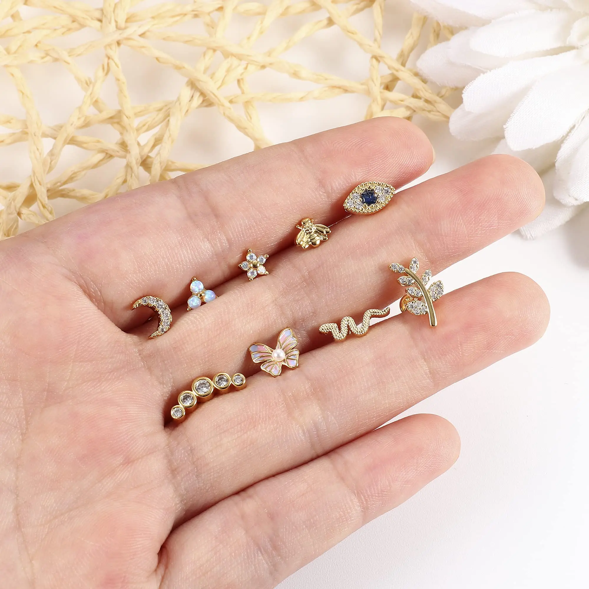 Drperfect 16G Cartilage Earrings Stud for Women Stainless Steel Flat Back Butterfly Moon Flower Helix Tragus Piercing Jewelry