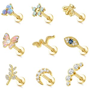 Drperfect 16G Cartilage Earrings Stud for Women Stainless Steel Flat Back Butterfly Moon Flower Helix Tragus Piercing Jewelry