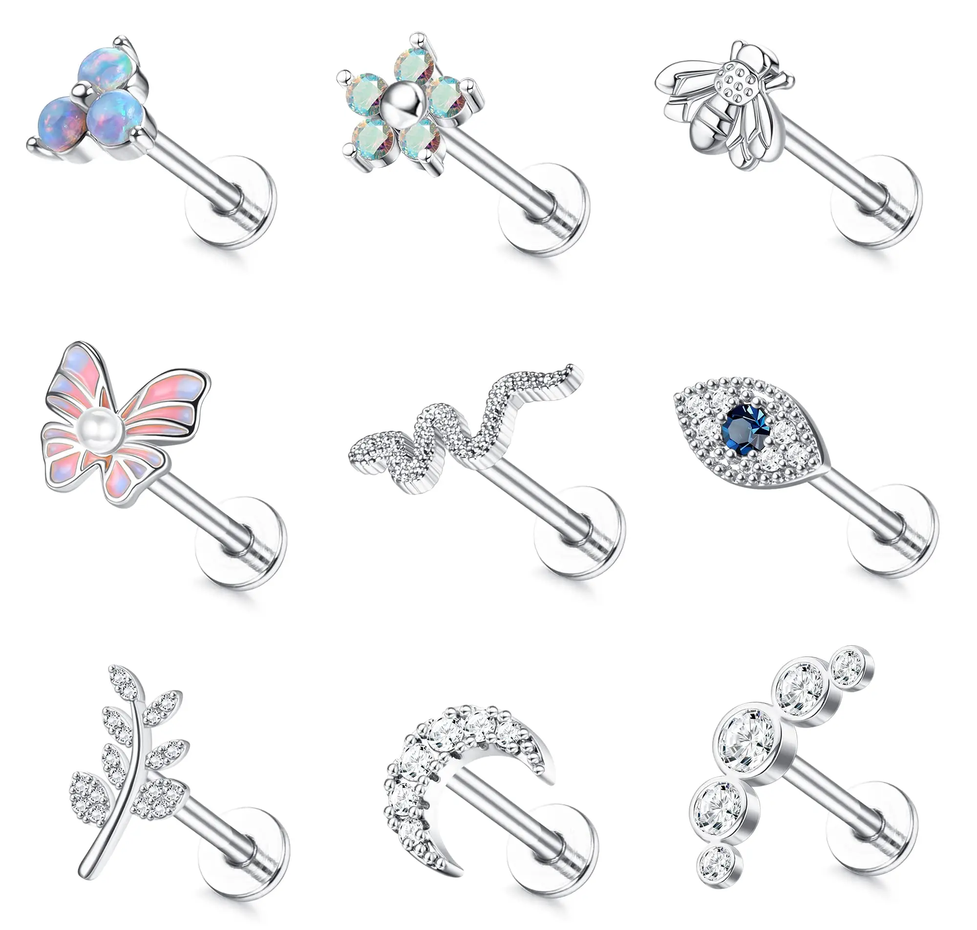 Drperfect 16G Cartilage Earrings Stud for Women Stainless Steel Flat Back Butterfly Moon Flower Helix Tragus Piercing Jewelry