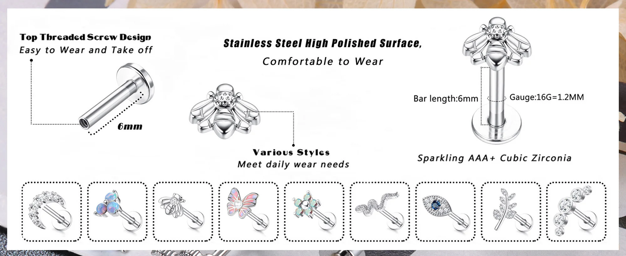 Drperfect 16G Cartilage Earrings Stud for Women Stainless Steel Flat Back Butterfly Moon Flower Helix Tragus Piercing Jewelry