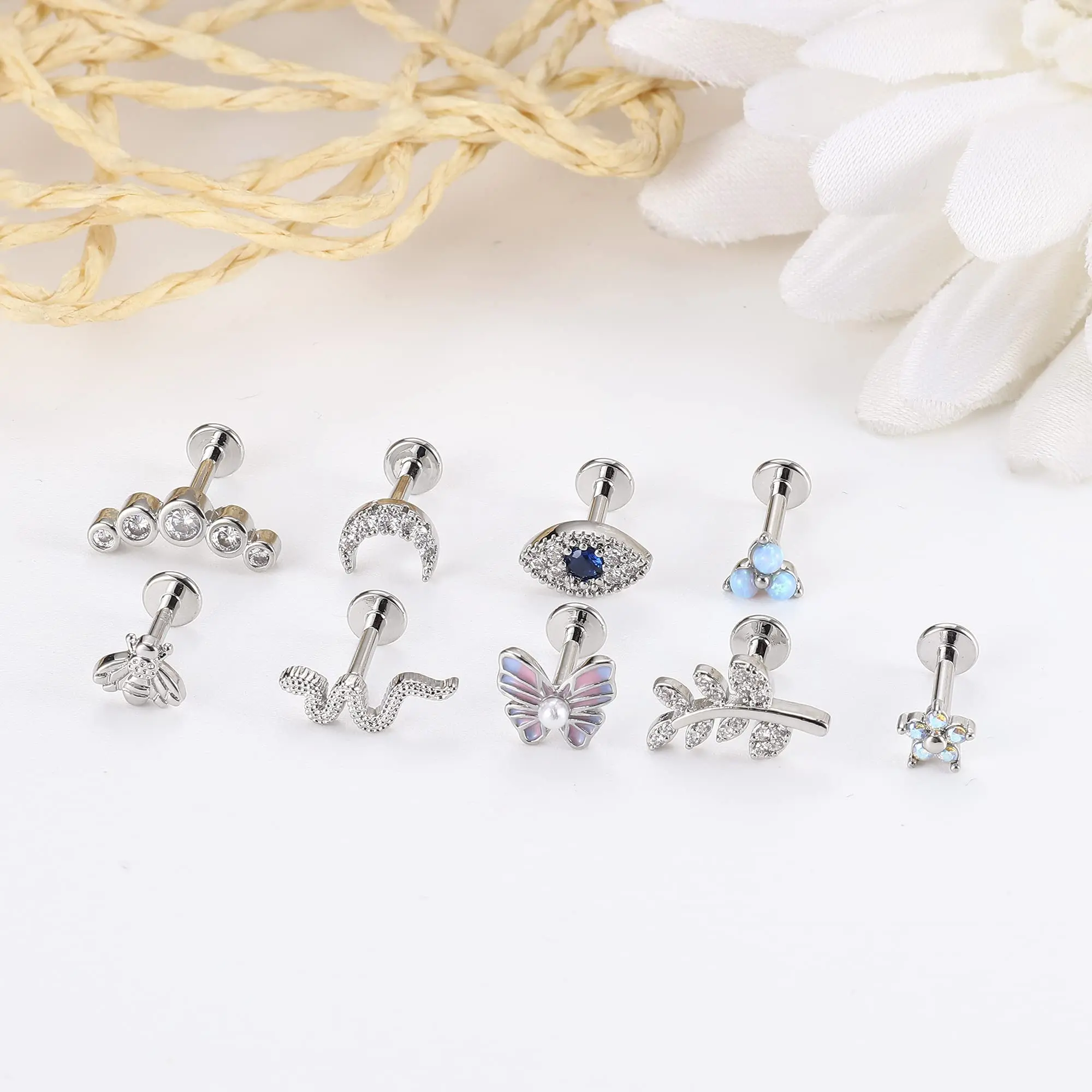 Drperfect 16G Cartilage Earrings Stud for Women Stainless Steel Flat Back Butterfly Moon Flower Helix Tragus Piercing Jewelry