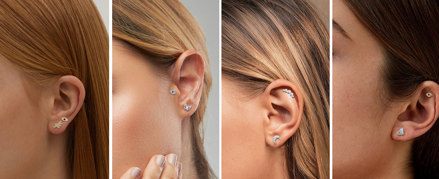 Drperfect 16G Cartilage Earrings Stud for Women Stainless Steel Flat Back Butterfly Moon Flower Helix Tragus Piercing Jewelry