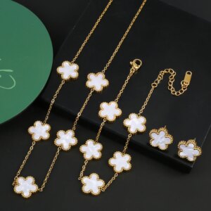 INS Hot Sale Stainless Steel Five Laef Flower Clover Bracelet Jewelry Set Necklace Earrings For Woman Daily Wear Brand Jewelry