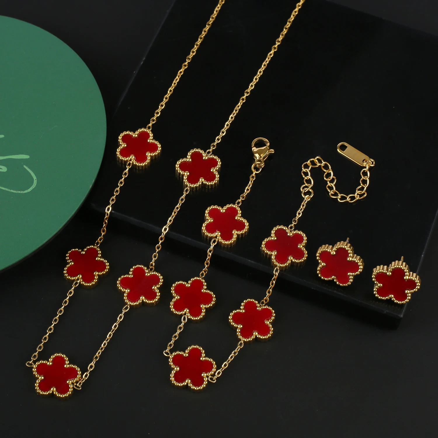 INS Hot Sale Stainless Steel Five Laef Flower Clover Bracelet Jewelry Set Necklace Earrings For Woman Daily Wear Brand Jewelry