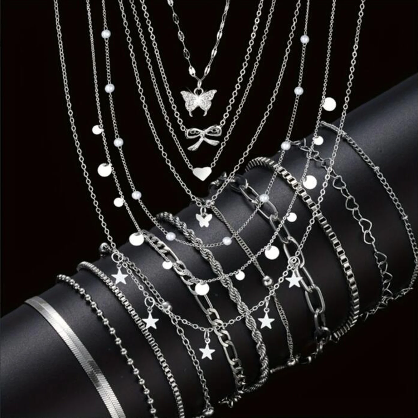 17pcs Fashion Minimalist Jewelry Set For Women Vintage Twist Snake Bone Heart Butterfly Star Pendant Necklace Bracelet Sets Gift