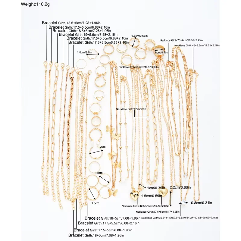 40 Pcs/Set Elegant Geometric Pearl Rings Multi-Layered Heart Zircon Necklace Simple Bracelet 3-In-1 Jewelry Set For Women Gifts