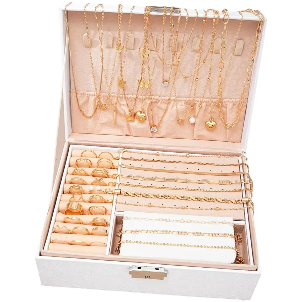 40 Pcs/Set Elegant Geometric Pearl Rings Multi-Layered Heart Zircon Necklace Simple Bracelet 3-In-1 Jewelry Set For Women Gifts