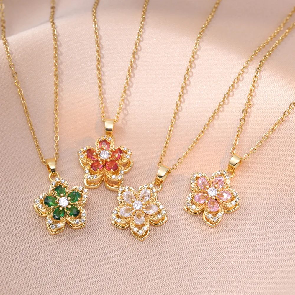 Shiny Zircon Romantic Flower Pendant Necklace For Women Gold Plated Rotatable Flowers Choker Girls Wedding Party Luxury Jewelry
