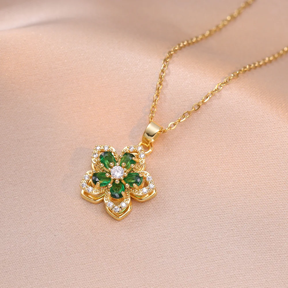 Shiny Zircon Romantic Flower Pendant Necklace For Women Gold Plated Rotatable Flowers Choker Girls Wedding Party Luxury Jewelry