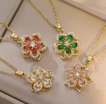 Shiny Zircon Romantic Flower Pendant Necklace For Women Gold Plated Rotatable Flowers Choker Girls Wedding Party Luxury Jewelry