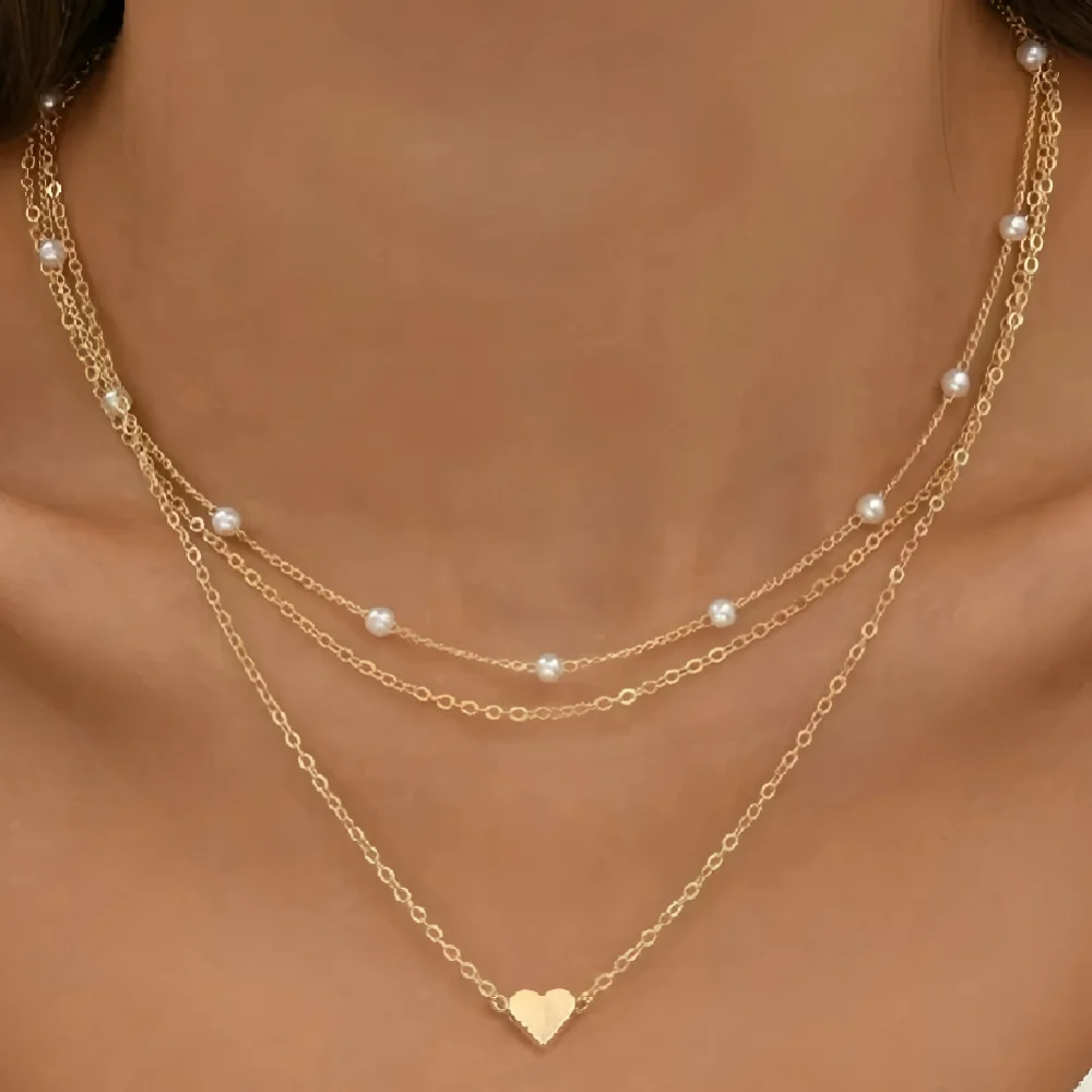 2025 New Women's Pearl Necklace Set 14K Gold Fashion Love Heart Pendant Waterproof Hypoallergenic Collarbone Neck Chain Jewelry