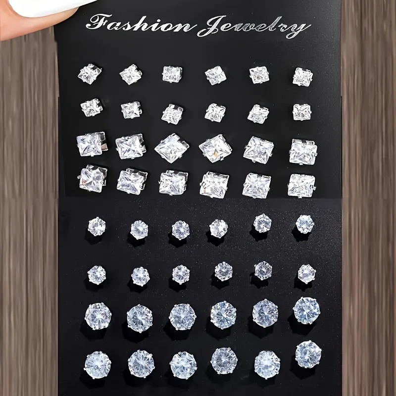 Simple, Elegant and Fashionable 48 Piece Zircon Earring Set, Women's Shiny Round and Square Cut, Stainless Steel Earrings Simple, Elegant and Fashionable 48 Piece Zircon Earring Set, Women's Shiny Round and Square Cut, Stainless Steel Earrings