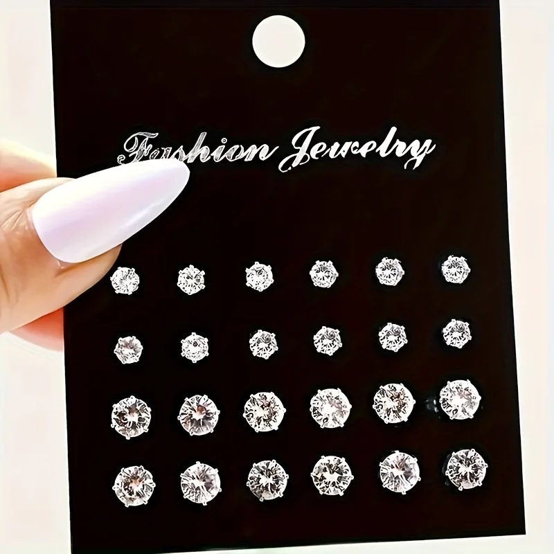 Simple, Elegant and Fashionable 48 Piece Zircon Earring Set, Women's Shiny Round and Square Cut, Stainless Steel Earrings Simple, Elegant and Fashionable 48 Piece Zircon Earring Set, Women's Shiny Round and Square Cut, Stainless Steel Earrings