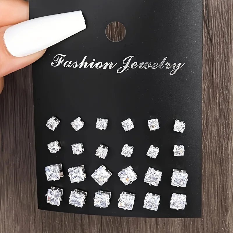 Simple, Elegant and Fashionable 48 Piece Zircon Earring Set, Women's Shiny Round and Square Cut, Stainless Steel Earrings Simple, Elegant and Fashionable 48 Piece Zircon Earring Set, Women's Shiny Round and Square Cut, Stainless Steel Earrings