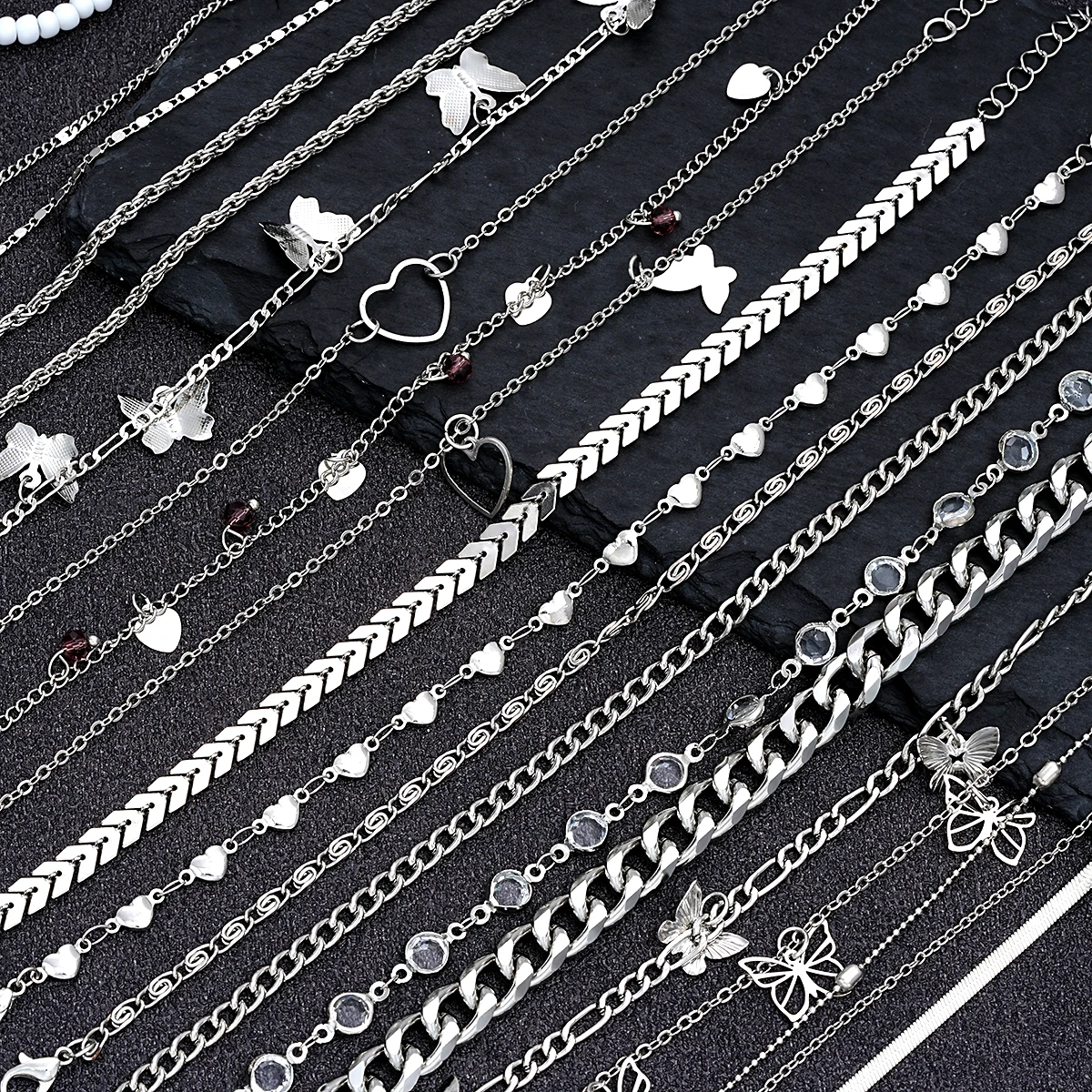 20 Pcs/Set Fashion Metal Butterfly Heart Pendant Anklets Set Bohemia Vintage Pearl Foot Bracelet Beach Woman Jewelry Gifts 2024