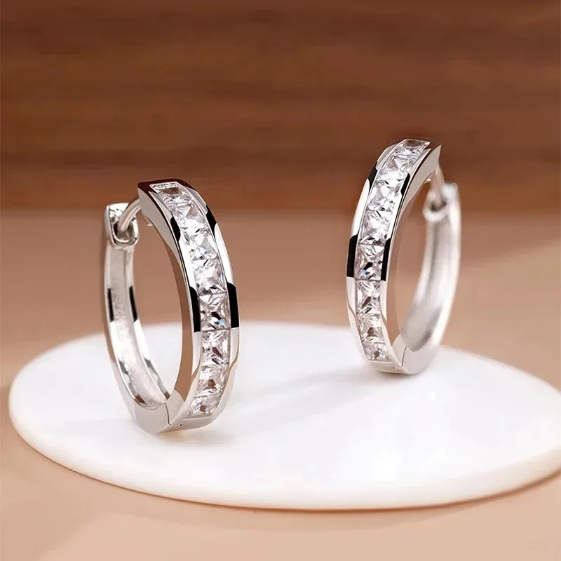 New 925 Sterling Silver Shining Zircon Earrings Women's Circle Round Earrings Fashionable Elegant Jewelry Birthday Party Gifts