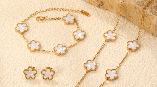 LUXUKISSKIDS Fashion Flower Necklace Earrings Set Jewelry Women Stainless Steel White Shell Clover Bracelet Jewelry Accessories