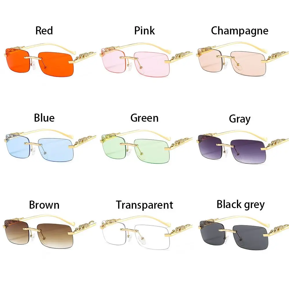 Rimless Square Sunglasses Women Men Luxury Brand Designer Popular Travel Driving Metal Leopard Head Sun Glasses Shade Eyewear