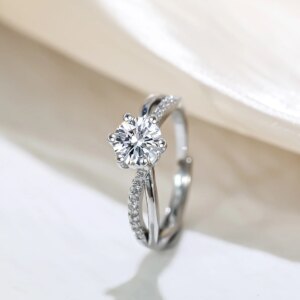 Classic 4-Prong Solitaire Ring with Micro-Pavé Accent Stones & Crisscross Band - 925 Silver Plated White Gold Engagement Promise