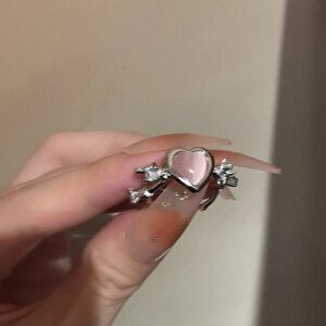 Unique Design Pink Heart Thorn Cat's Eye Stone Zircon Ring for Women, Sweet and Cool Style, Fashionable and Versatile Ring