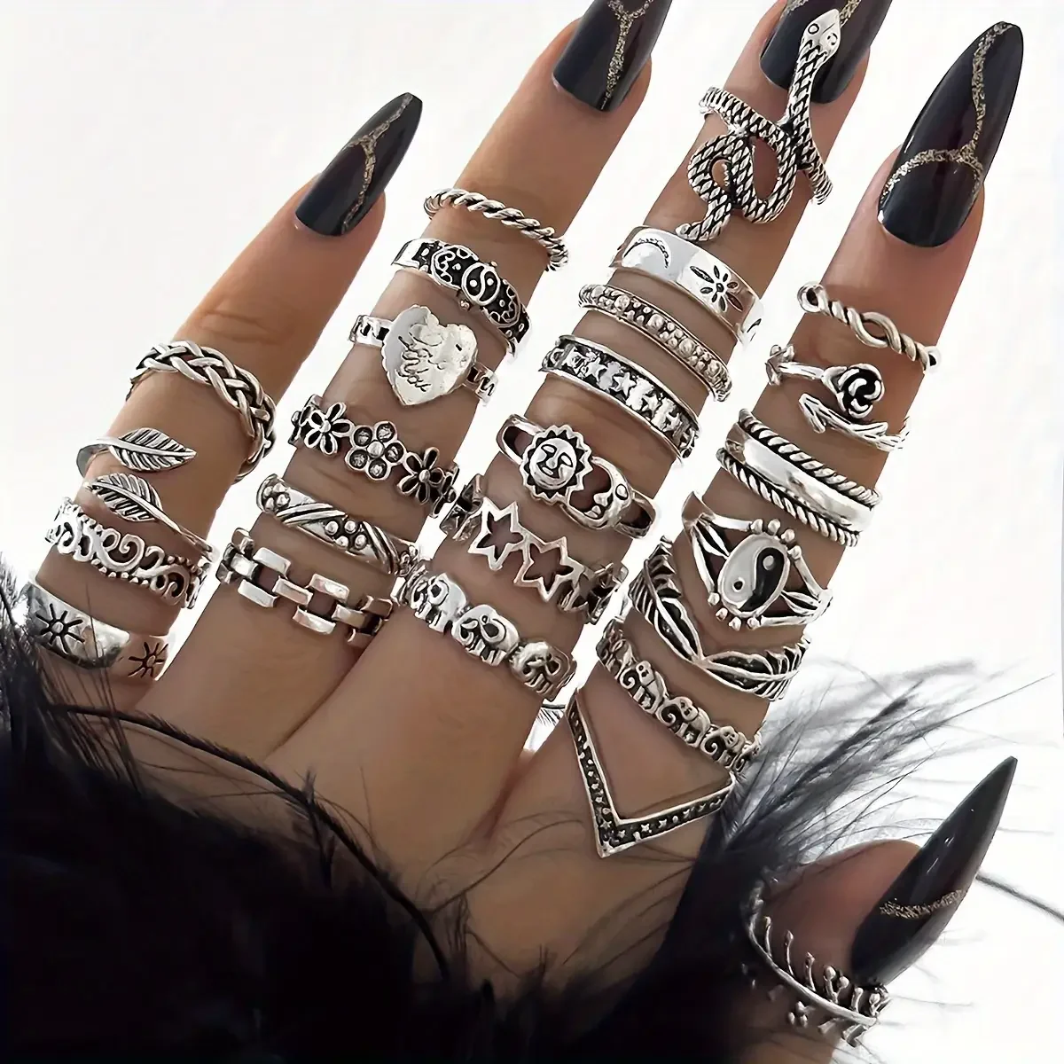 Bohemian Stacking Rings Set 25Pcs Adjustable Silver Tone Moon Star Elephant Snake Love Phrases Jewelry for Women Girls Vintage E