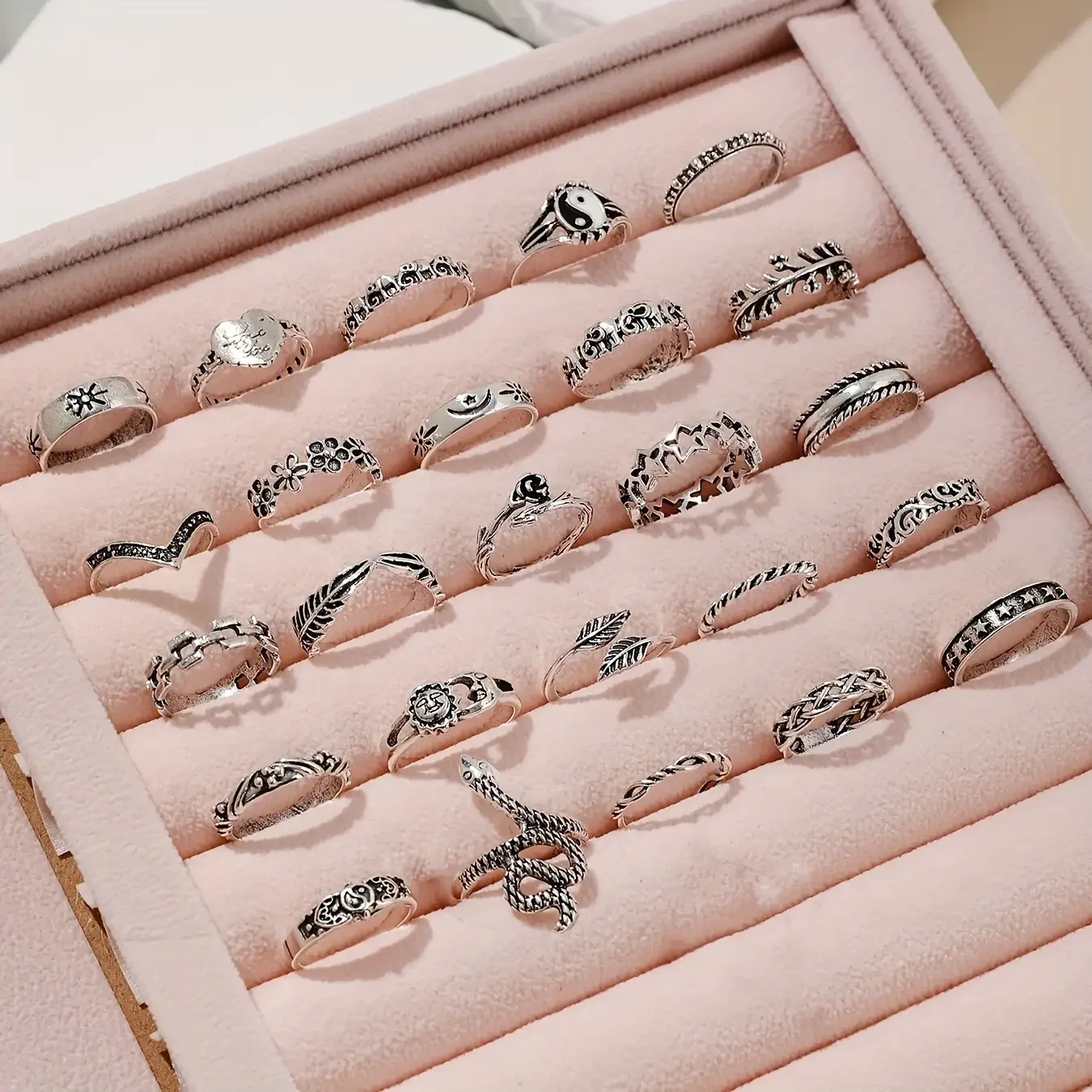 Bohemian Stacking Rings Set 25Pcs Adjustable Silver Tone Moon Star Elephant Snake Love Phrases Jewelry for Women Girls Vintage E