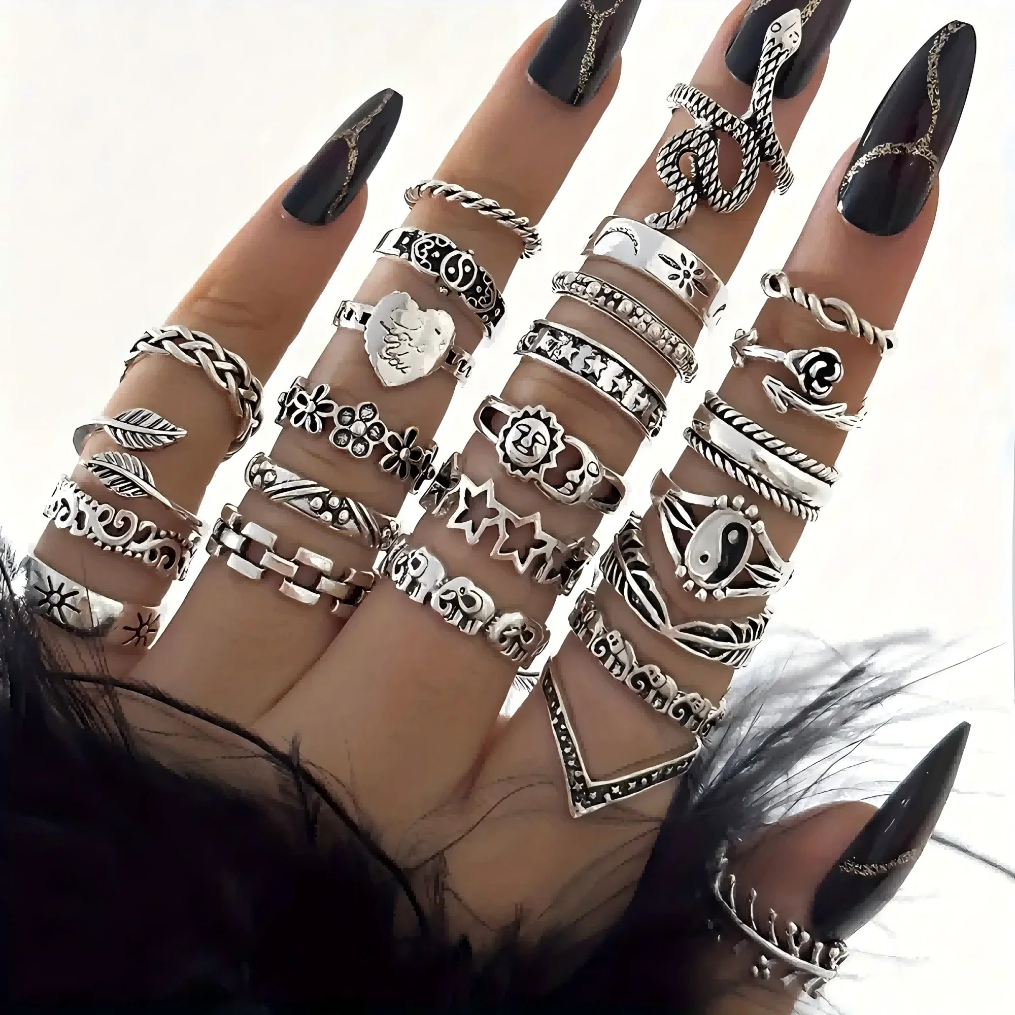 Bohemian Stacking Rings Set 25Pcs Adjustable Silver Tone Moon Star Elephant Snake Love Phrases Jewelry for Women Girls Vintage E