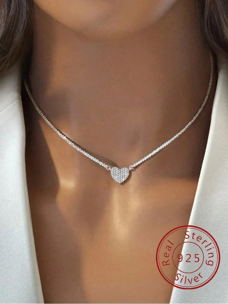 925 Sterling Silver Fashion Full Zircon Love Heart Necklace For Women Engagement Wedding Luxury High Quality Fine Jewelry