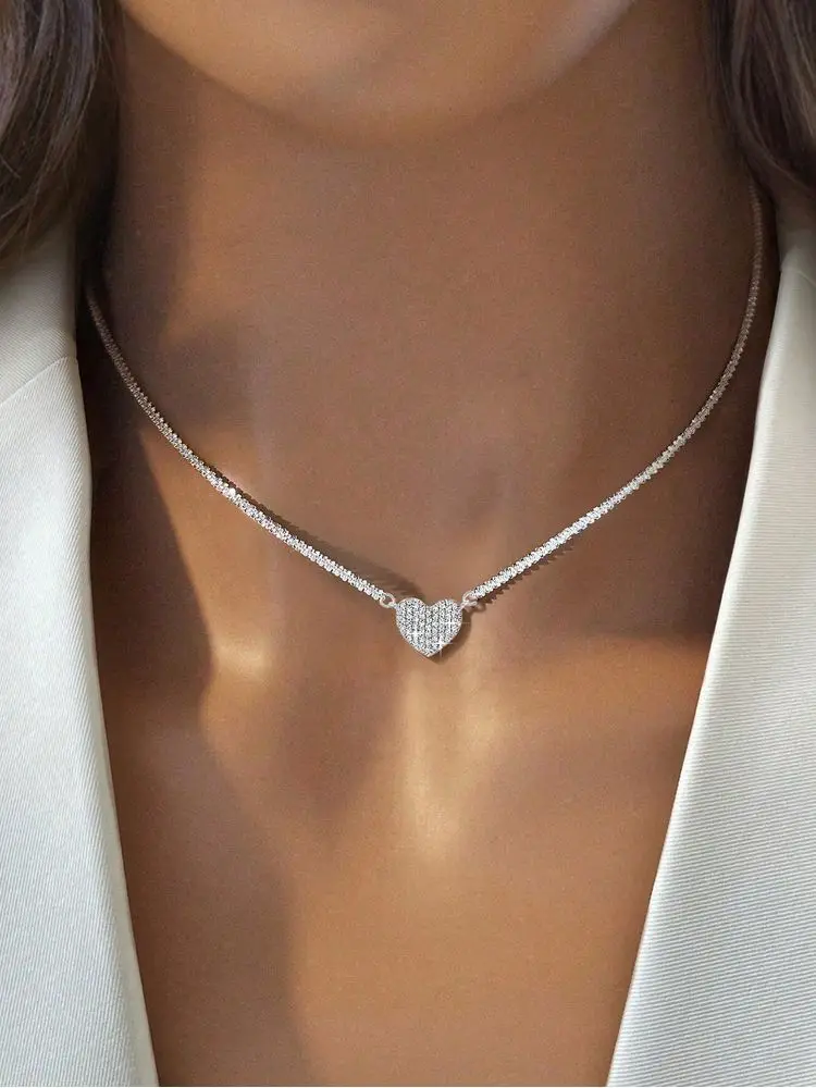 925 Sterling Silver Fashion Full Zircon Love Heart Necklace For Women Engagement Wedding Luxury High Quality Fine Jewelry