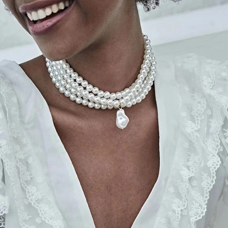 Classic Layered Strand Round Pearls Beads Collar Choker Necklace For Women Irregular Baroque Pearl Pendant Wedding Necklace Gift