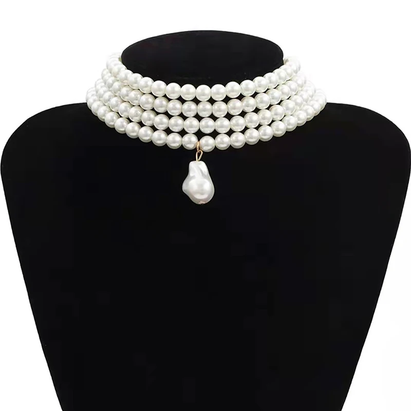 Classic Layered Strand Round Pearls Beads Collar Choker Necklace For Women Irregular Baroque Pearl Pendant Wedding Necklace Gift