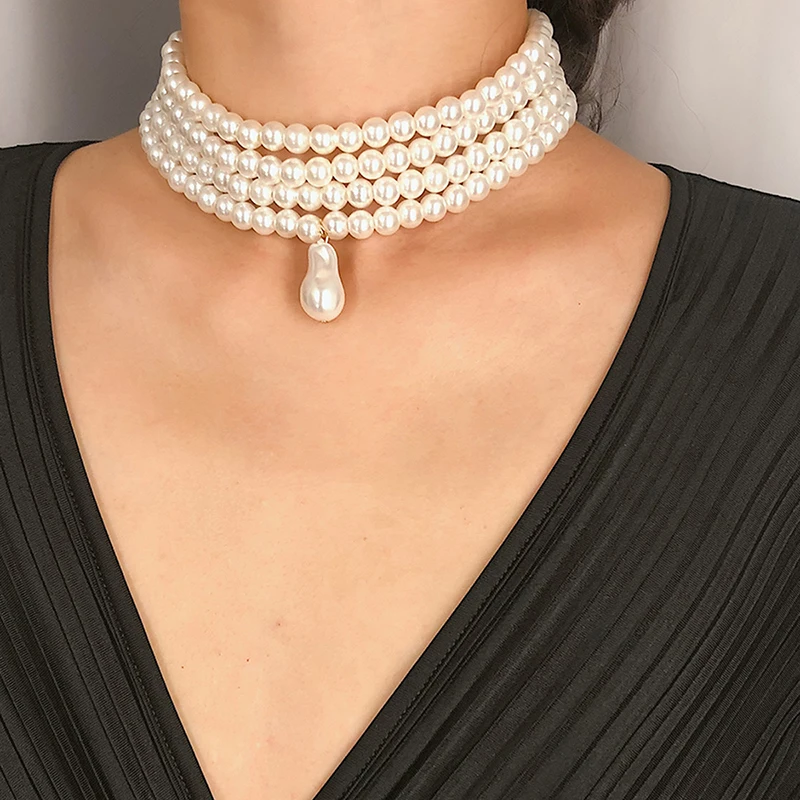 Classic Layered Strand Round Pearls Beads Collar Choker Necklace For Women Irregular Baroque Pearl Pendant Wedding Necklace Gift