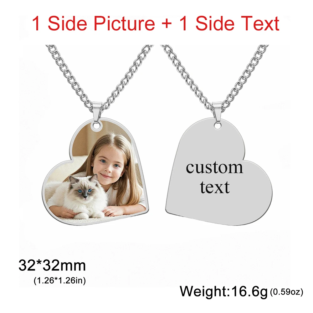 Custom Photo Necklace Personalized Heart Pendant Necklaces Picture Text Logo Birthday Jewelry Valentine's Day Gift for Men Woman