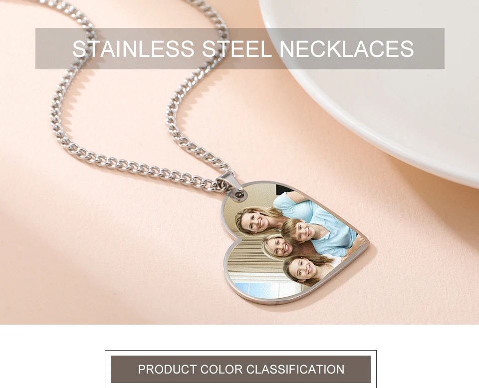 Custom Photo Necklace Personalized Heart Pendant Necklaces Picture Text Logo Birthday Jewelry Valentine's Day Gift for Men Woman